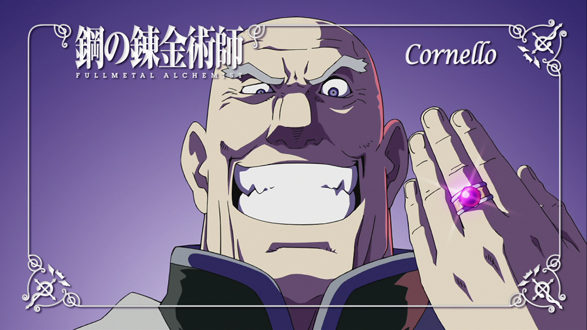 Anime HD PC desktop wallpaper of Cornello from Fullmetal Alchemist, grinning maniacally and showing a glowing purple ring against a violet background.