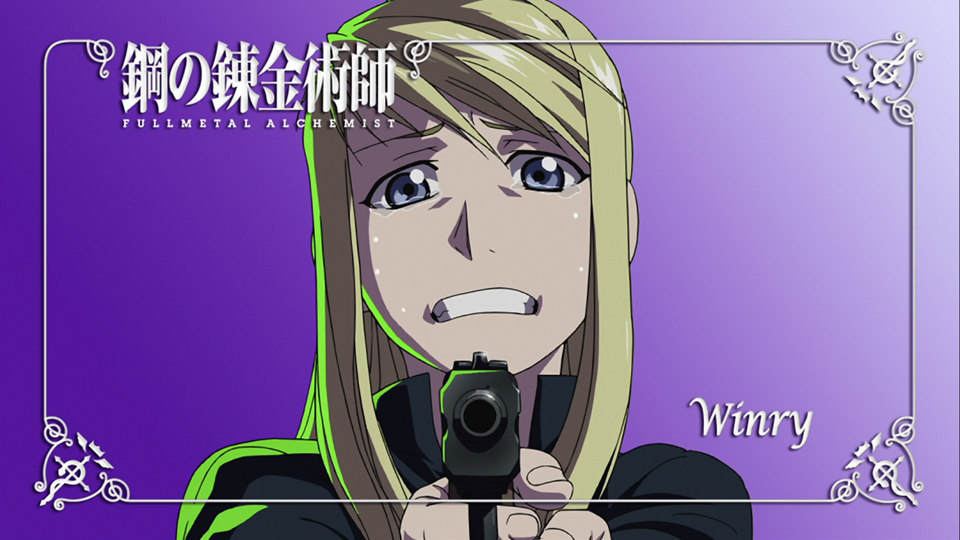 HD PC desktop wallpaper/background: Winry Rockbell from Fullmetal Alchemist, anime close-up on a purple background, determined expression as she aims a gun toward the viewer.