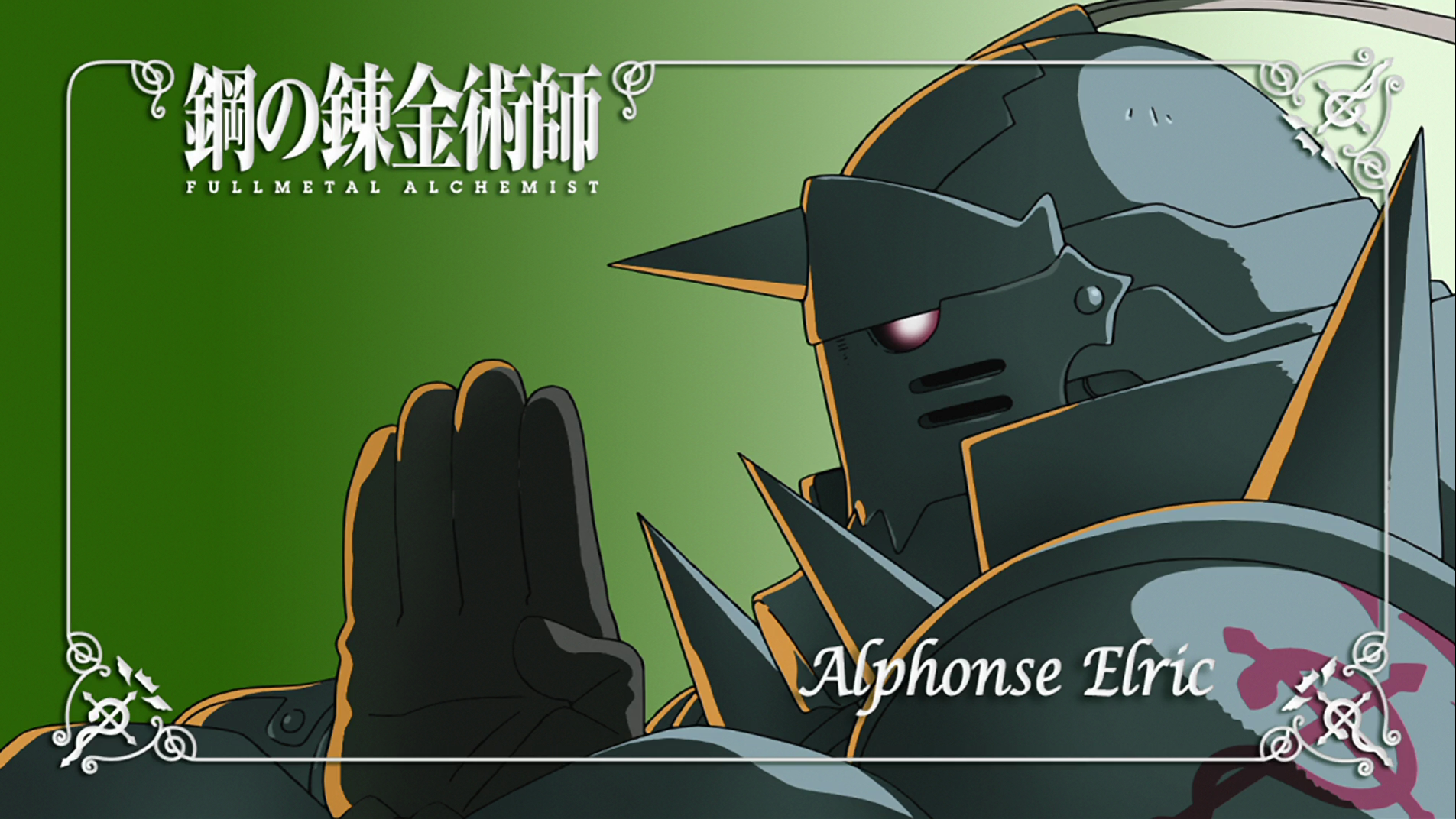 Alphonse Elric (Fullmetal Alchemist) anime HD PC desktop wallpaper: armored close-up with raised hand against a green gradient background.