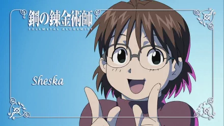 A vibrant HD desktop wallpaper featuring Sheska from the anime Fullmetal Alchemist, showcasing her cheerful expression against a bright blue background.