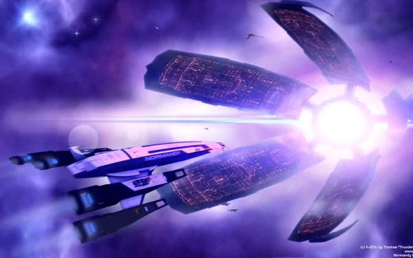 A stunning HD desktop wallpaper featuring the Normandy SR-1 spacecraft flying towards the Citadel in a vibrant, sci-fi space setting from the Mass Effect video game.