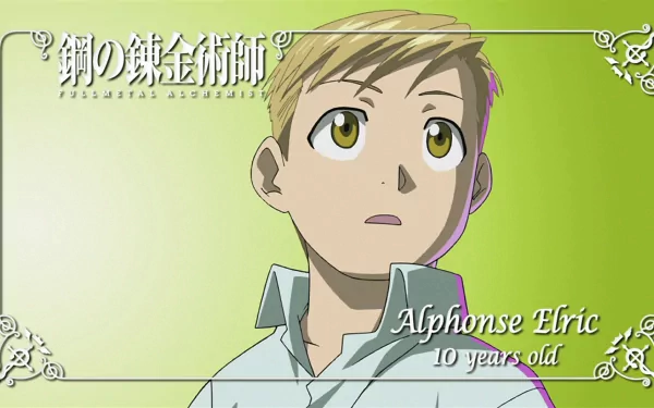 HD anime desktop wallpaper featuring Alphonse Elric, the young character from Fullmetal Alchemist, depicted with a green background and thoughtful expression.