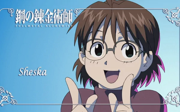 A vibrant HD desktop wallpaper featuring Sheska from the anime Fullmetal Alchemist, showcasing her cheerful expression against a bright blue background.