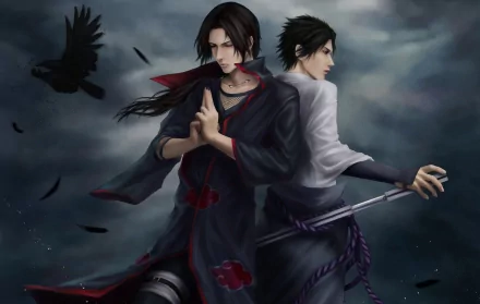 HD wallpaper featuring Sasuke Uchiha and Itachi Uchiha from the anime Naruto. The background presents a dramatic, dark sky, adding intensity to the brothers' striking poses.