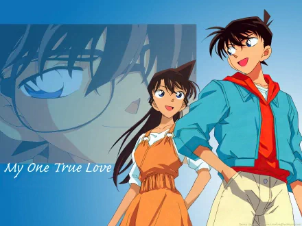 HD wallpaper featuring Ran Mouri and Shinichi Kudo, alongside Conan Edogawa, from the anime Detective Conan, with the text My One True Love.