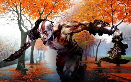 A dynamic HD wallpaper featuring Kratos from God of War, charging through a vibrant autumn landscape with fiery orange leaves and a misty background.