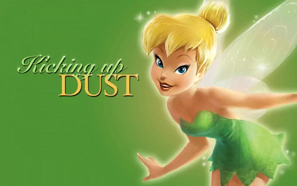 HD desktop wallpaper featuring Tinker Bell from the 1953 movie Peter Pan, with the text Kicking up DUST on a green background.