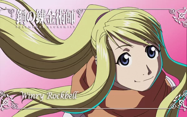 Winry Rockbell from Fullmetal Alchemist smiles with flowing blonde hair against a pink gradient — HD anime PC desktop wallpaper and background.