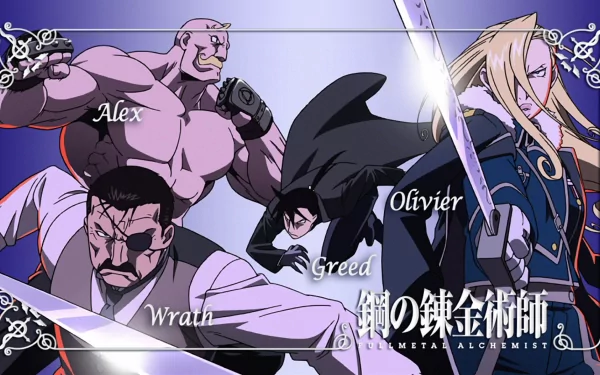 HD wallpaper featuring characters from Fullmetal Alchemist: Greed, Wrath, Alex Louis Armstrong, and Olivier Mira Armstrong, showcasing their intense stances and dynamic poses.