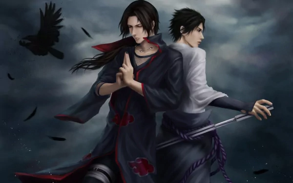 HD wallpaper featuring Sasuke Uchiha and Itachi Uchiha from the anime Naruto. The background presents a dramatic, dark sky, adding intensity to the brothers' striking poses.