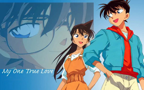 HD wallpaper featuring Ran Mouri and Shinichi Kudo, alongside Conan Edogawa, from the anime Detective Conan, with the text My One True Love.