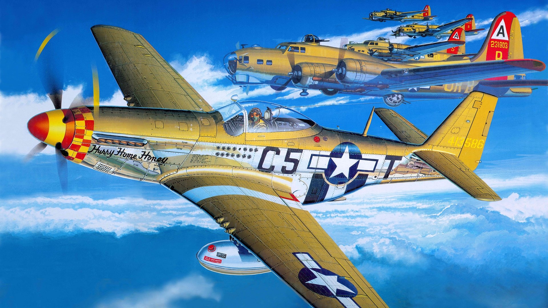 A vibrant HD wallpaper featuring military aircraft in flight, showcasing a historic fighter plane and bombers against a bright blue sky, capturing the spirit of aviation.