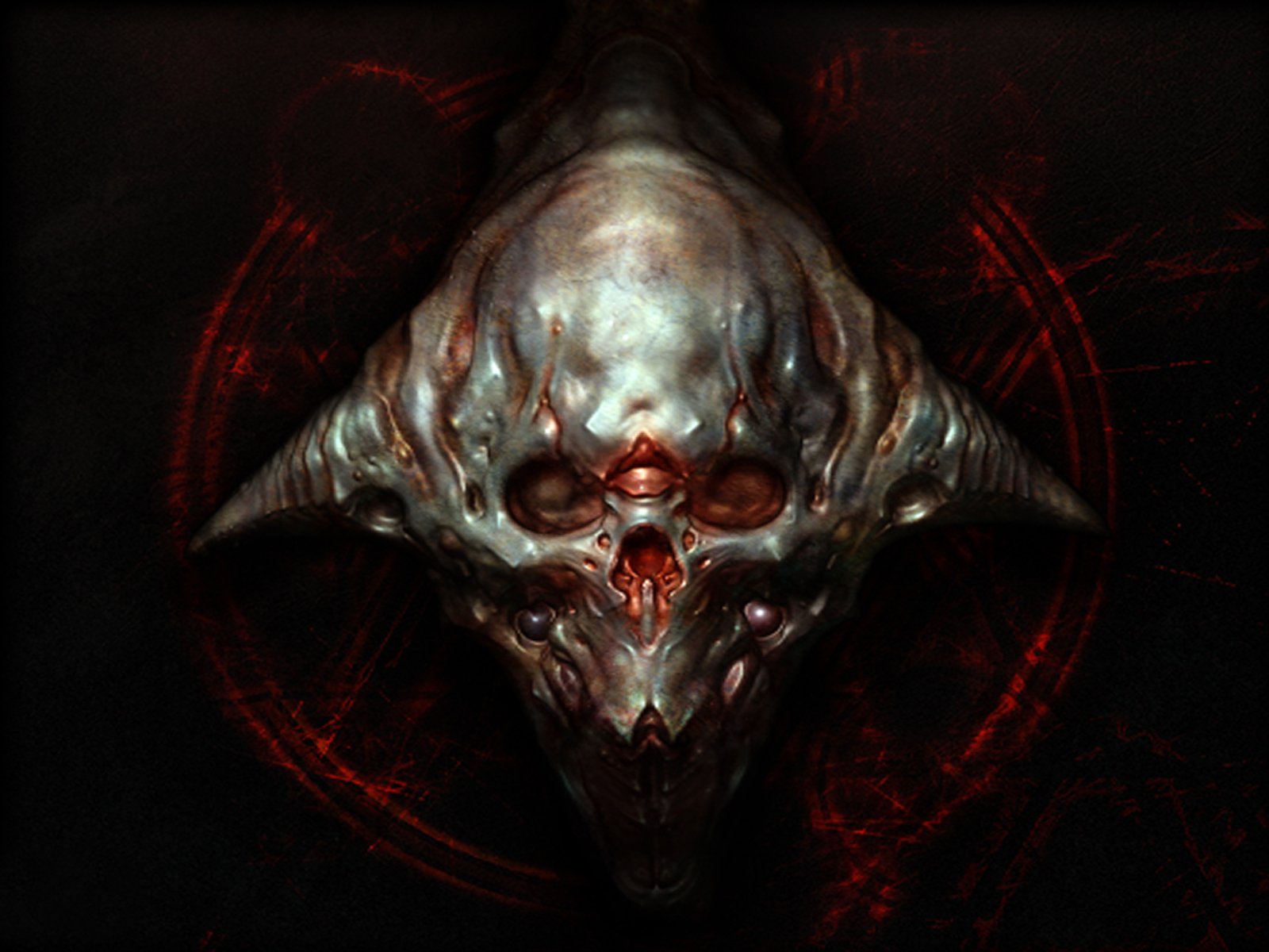 HD desktop wallpaper featuring a menacing, demonic skull from the video game Doom, set against a dark and eerie background with red accents.