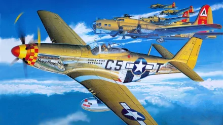 A vibrant HD wallpaper featuring military aircraft in flight, showcasing a historic fighter plane and bombers against a bright blue sky, capturing the spirit of aviation.