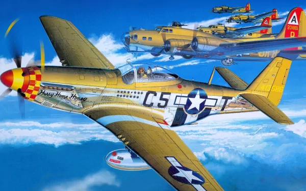 A vibrant HD wallpaper featuring military aircraft in flight, showcasing a historic fighter plane and bombers against a bright blue sky, capturing the spirit of aviation.