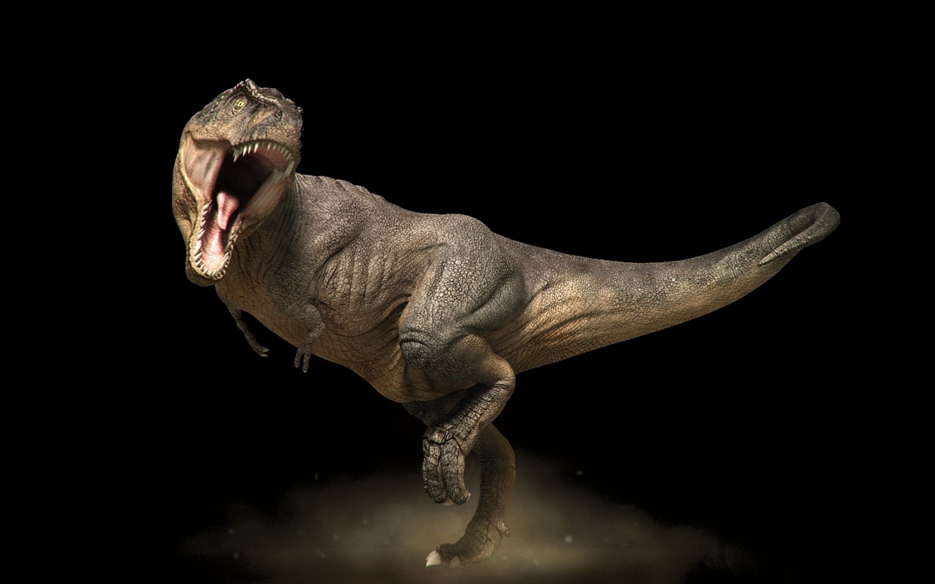 A detailed HD wallpaper depicting a roaring dinosaur, showcasing its powerful stance against a dark background, bringing a dynamic and immersive feel to your desktop.