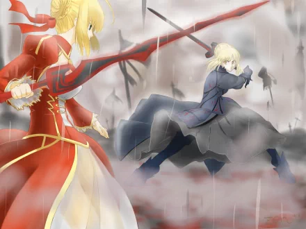 HD anime desktop wallpaper featuring Nero Claudius in red armor and Saber Alter from Fate/Grand Order, poised for battle amidst a misty, dramatic background.