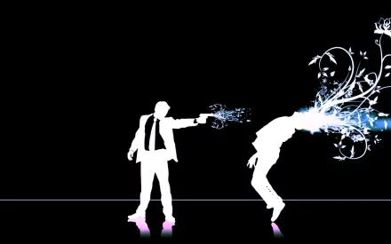 A striking HD wallpaper featuring a dark, emo-inspired scene with a silhouetted figure in a suit pointing a gun towards another figure, from which vibrant floral designs emerge.