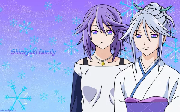 HD PC desktop wallpaper featuring Tsurara Shirayuki and Mizore Shirayuki from the anime Rosario + Vampire, set against a purple background with snowflake designs.