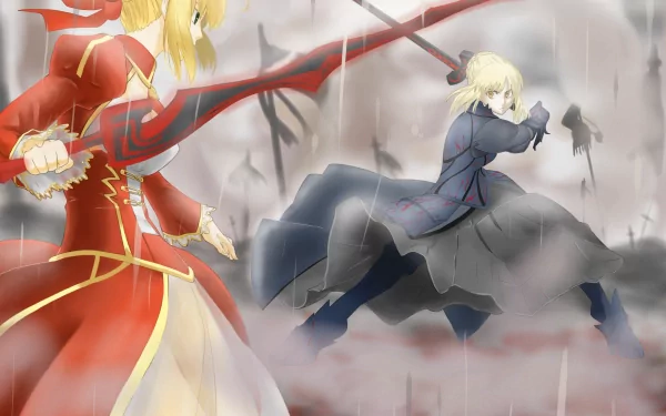 HD anime desktop wallpaper featuring Nero Claudius in red armor and Saber Alter from Fate/Grand Order, poised for battle amidst a misty, dramatic background.