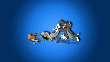 A vibrant HD desktop wallpaper featuring iconic characters Tom and Jerry, showcasing their classic chase as Tom pulls a vacuum while Jerry cleverly evades him against a blue background.