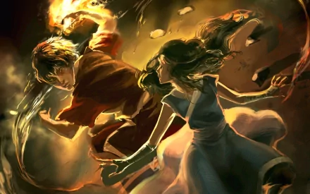 Zuko and Katara from Avatar: The Last Airbender engage in a dynamic battle, showcasing the elemental clash of fire and water against a dramatic backdrop. HD desktop wallpaper.