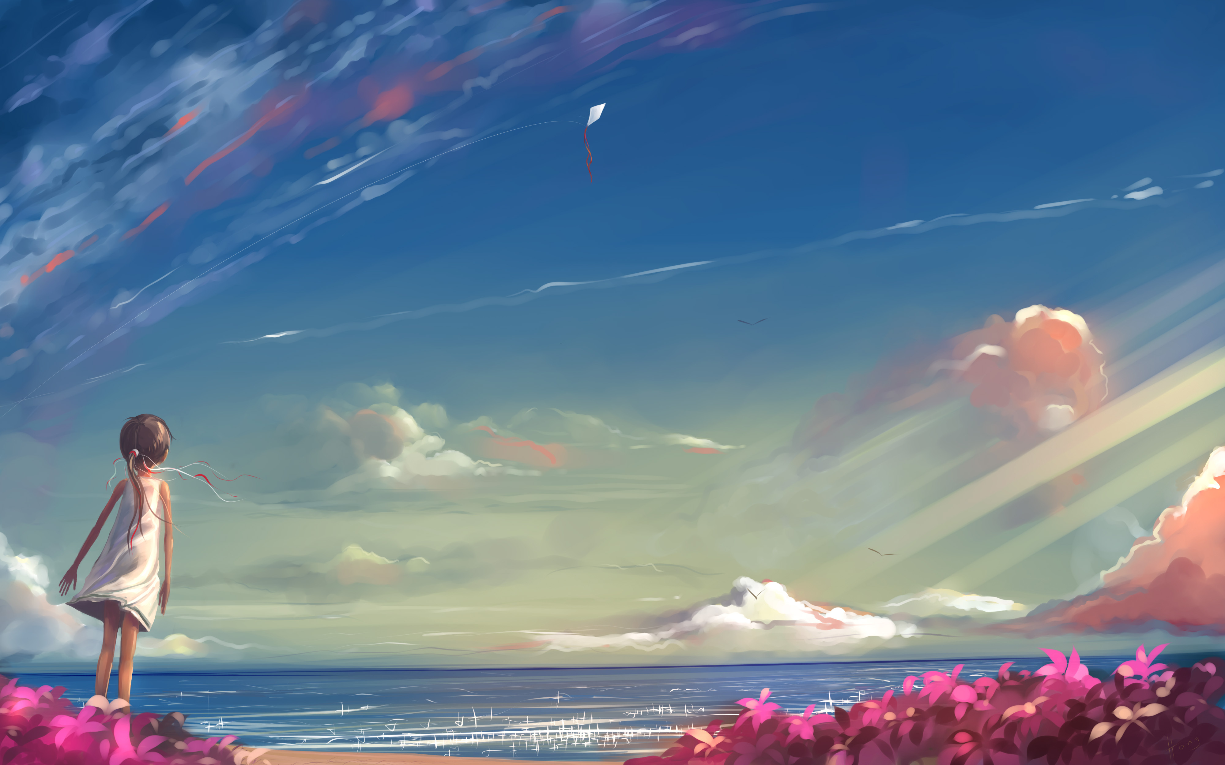 Anime Girl near Ocean Flowers by Hangmoon