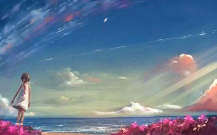 HD anime desktop wallpaper depicting a child standing by the ocean, surrounded by pink flowers, gazing at the sky filled with colorful clouds.