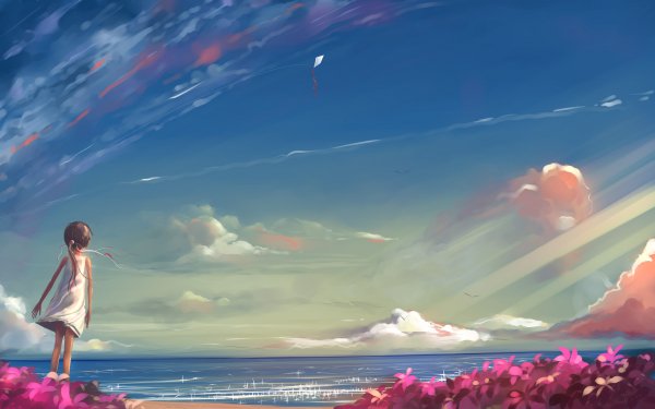 Anime Child Flower Ocean Cloud HD Wallpaper | Background Image