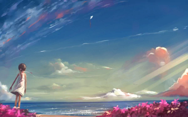 HD anime desktop wallpaper depicting a child standing by the ocean, surrounded by pink flowers, gazing at the sky filled with colorful clouds.