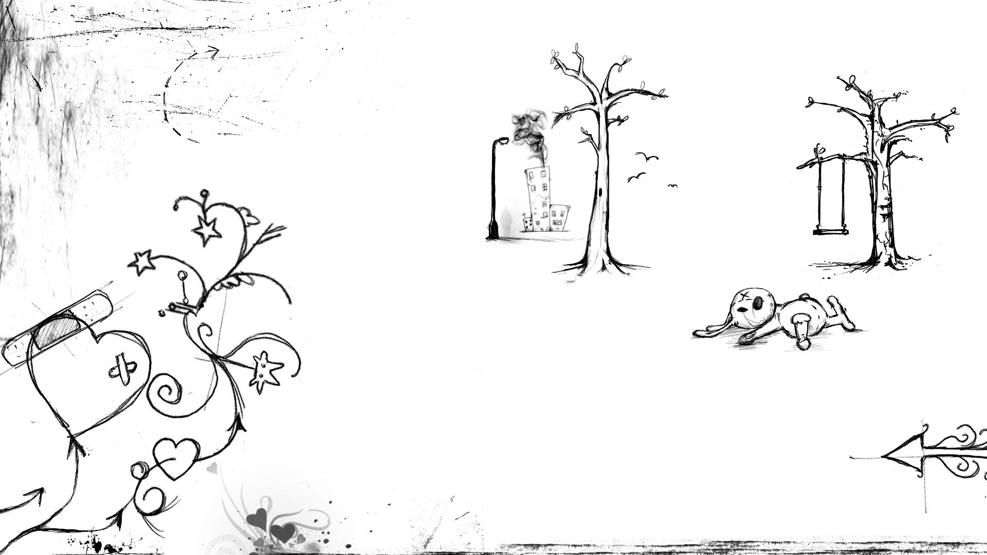HD artistic desktop wallpaper featuring a dark, emo-style pen sketch with a heart-adorned tree, bare trees with swings, and a small dog resting on the ground.