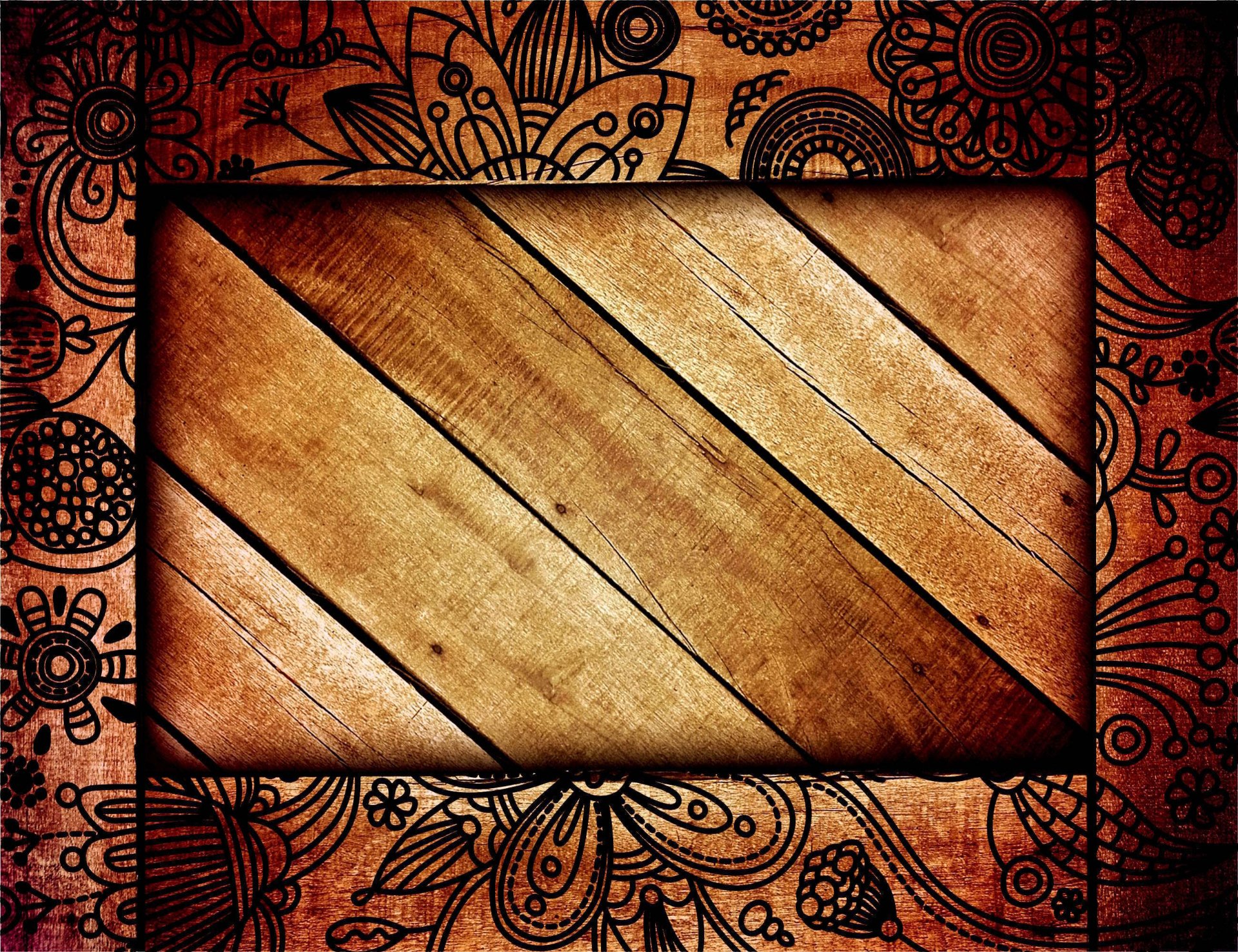 An artistic abstract HD wallpaper featuring a wood texture accented by intricate floral designs along the border, creating a unique and vibrant background for your desktop.