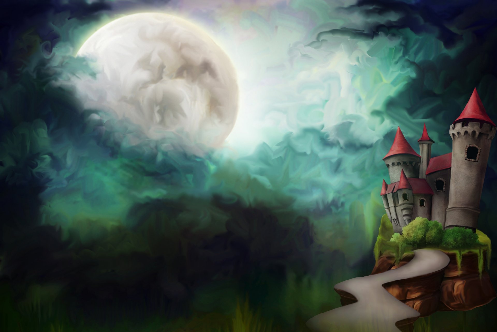 Artistic HD PC desktop wallpaper featuring a large glowing moon illuminating a misty sky with a whimsical castle perched atop a winding path.
