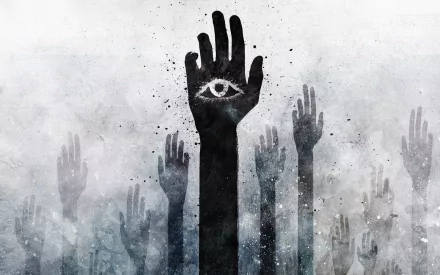 A striking HD wallpaper featuring silhouetted hands emerging from a misty background, with an eye symbol on one hand, creating a dark and mysterious atmosphere.