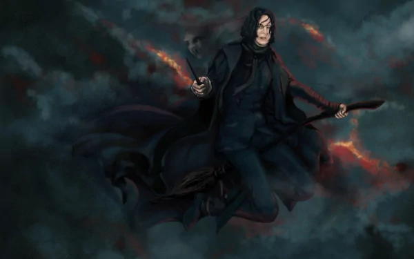 Severus Snape, portrayed by Alan Rickman, soars through a stormy backdrop, embodying the dark magic of the Harry Potter universe in this striking HD desktop wallpaper.