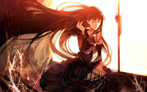 HD PC desktop wallpaper: anime by Hirasaka Hatsune, Atlach-Nacha — long-haired schoolgirl in a dark uniform stands by a glowing window, hair flowing amid web-like light effects.