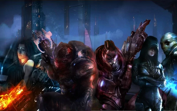 HD PC desktop wallpaper featuring Mass Effect 3 characters Thane Krios, Kasumi Goto, Garrus Vakarian, Grunt, and Miranda Lawson in a dynamic sci-fi scene.