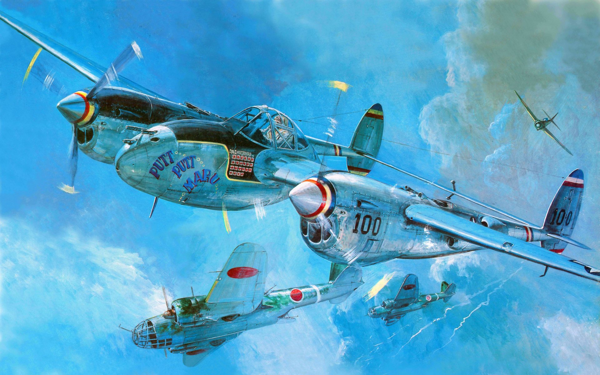 4K Ultra HD desktop wallpaper featuring detailed military aircraft engaged in aerial maneuvers against a vibrant sky backdrop.