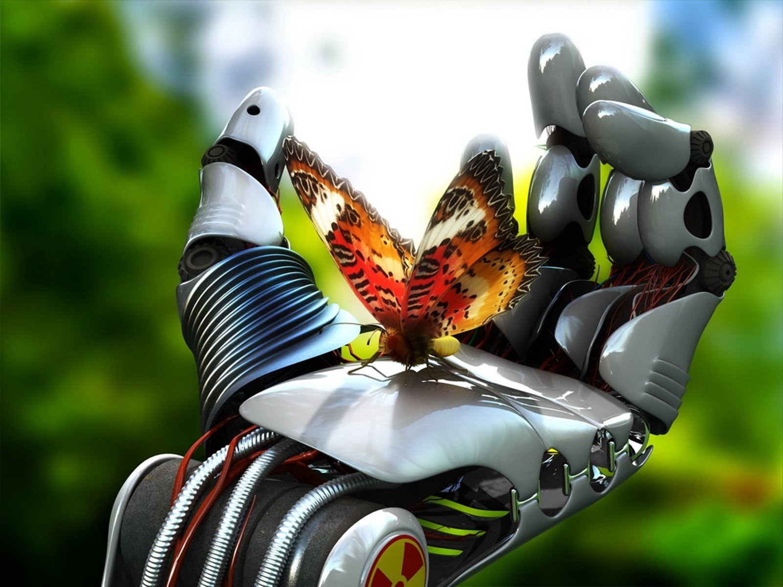 A futuristic robotic hand gently cradles a vibrant butterfly, blending technology and nature in this artistic sci-fi HD desktop wallpaper.