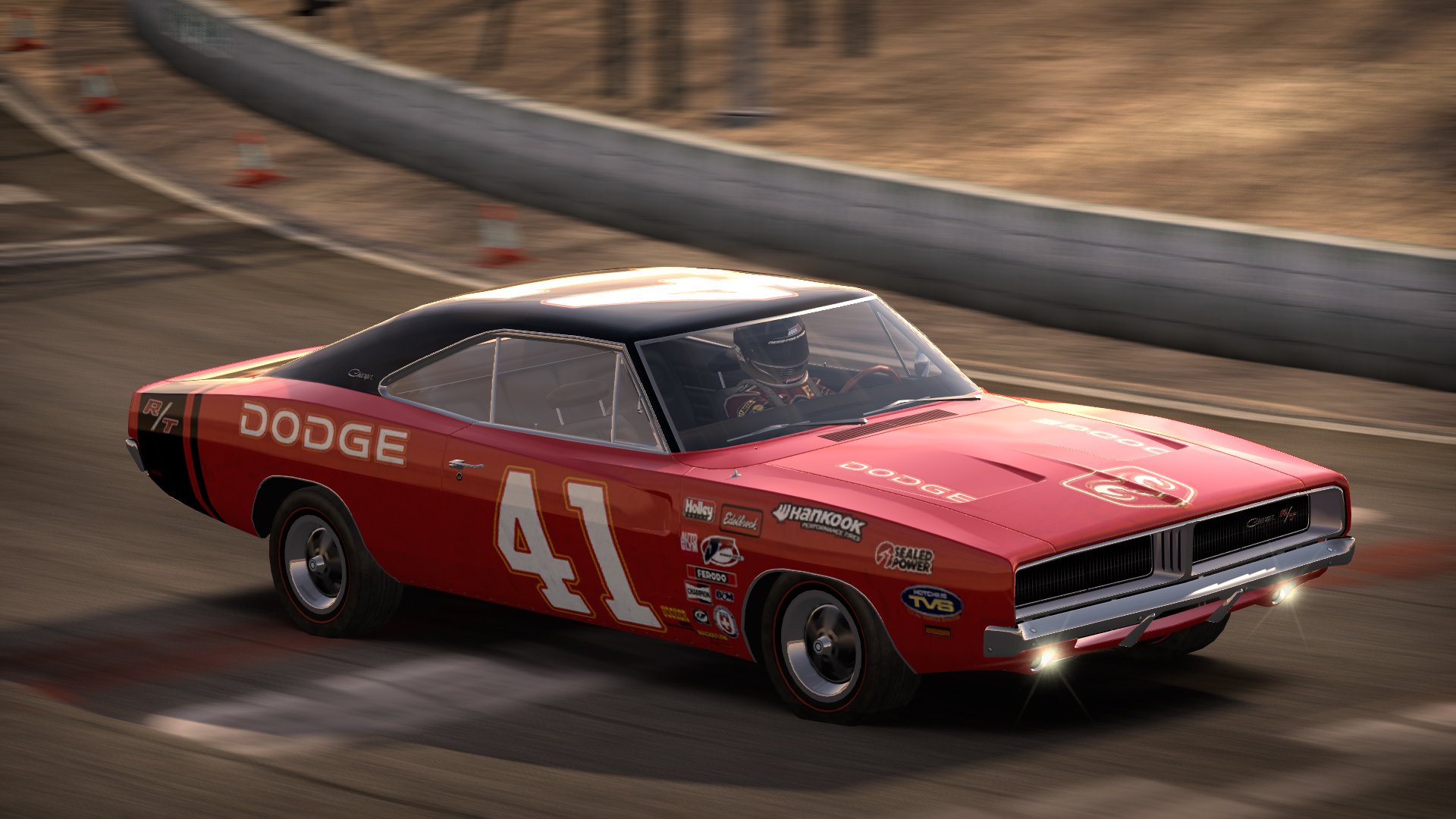 HD PC desktop wallpaper of a red vintage Dodge race car numbered 41 racing around a sunlit oval track.