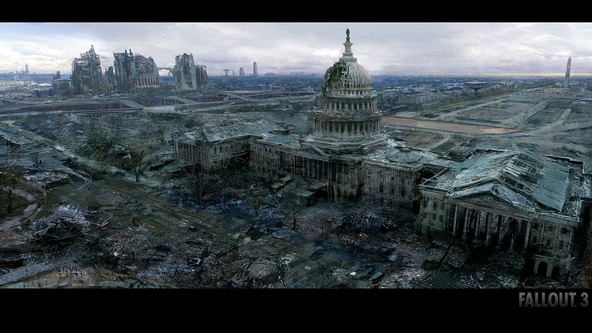 HD PC desktop wallpaper showcasing a post-apocalyptic cityscape from the video game Fallout, featuring the ruined Capitol building under a gloomy sky.