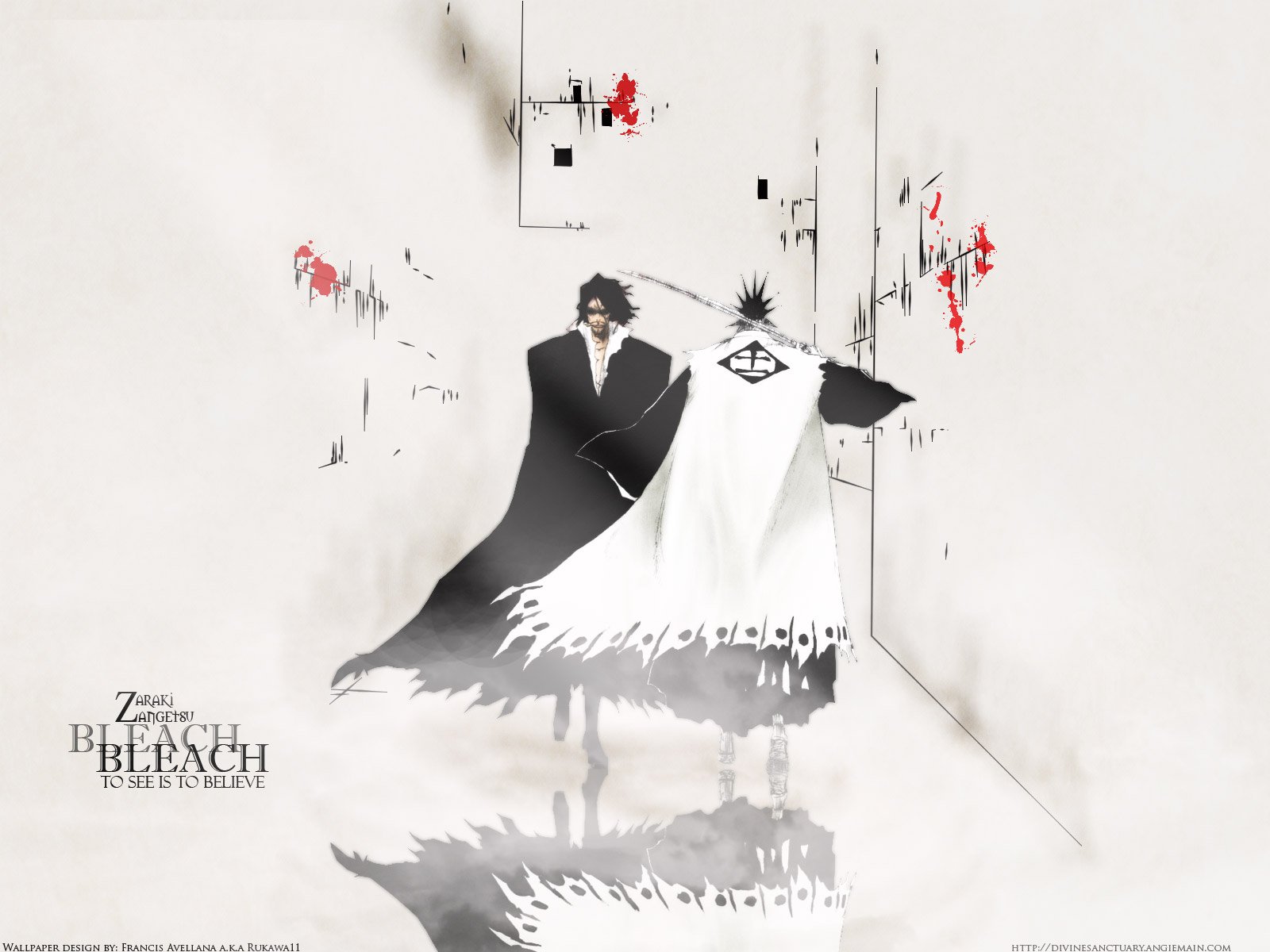 HD PC desktop wallpaper: Bleach anime scene of Kenpachi Zaraki and Zangetsu walking down a blood‑splattered white corridor, stark black-and-white art with red accents.