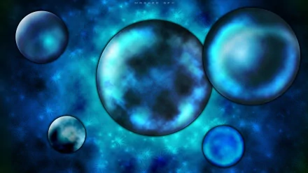 HD PC desktop wallpaper depicting a sci-fi space scene with glowing blue planets against a starry, cosmic background.