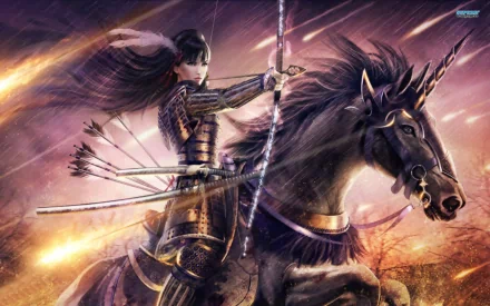 A fantasy HD wallpaper of a woman warrior samurai archer riding a horse, with a bow drawn, amidst a dynamic, fiery background.