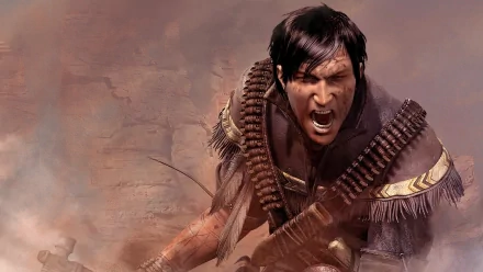 HD PC desktop wallpaper featuring an intense video game character wielding guns and ammunition belts, set against a smoky, action-packed background.