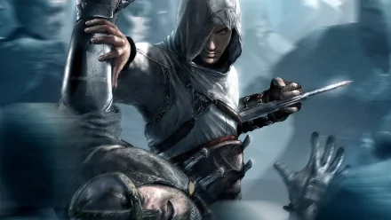 HD wallpaper of Altaïr from Assassin's Creed, showcasing an intense action scene with Altaïr in his iconic white hooded outfit, poised to strike an opponent with his hidden blade.