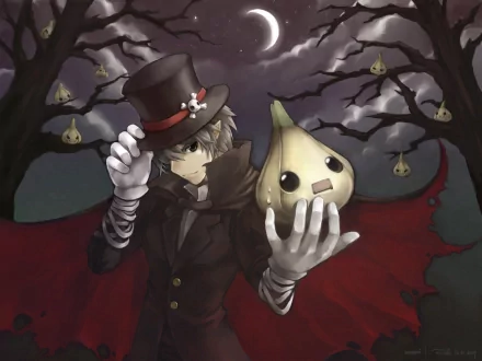 HD desktop wallpaper features an anime boy in a top hat and cape holding a pumpkin-like creature, set against a dark, eerie background with moonlight and ghastly trees.