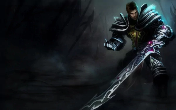 Garen from League of Legends stands confidently with his sword, surrounded by a dark and moody background. This HD desktop wallpaper captures the essence of the game.