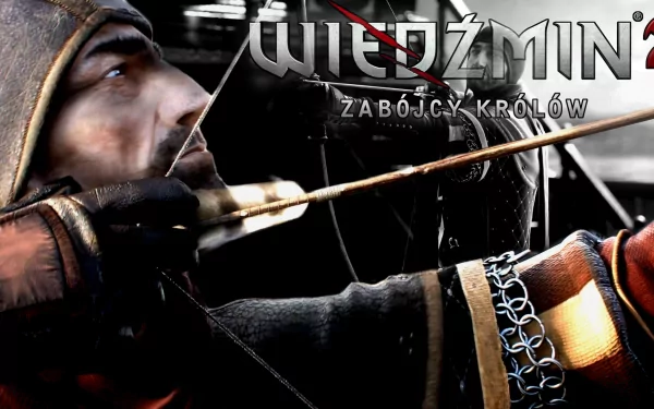 HD PC wallpaper from The Witcher 2: Assassins of Kings — close-up of an archer drawing a bow, armored arm and focused face in dark, dramatic video game art.