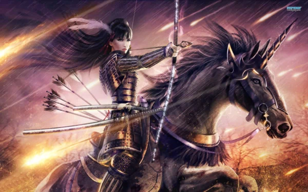 A fantasy HD wallpaper of a woman warrior samurai archer riding a horse, with a bow drawn, amidst a dynamic, fiery background.